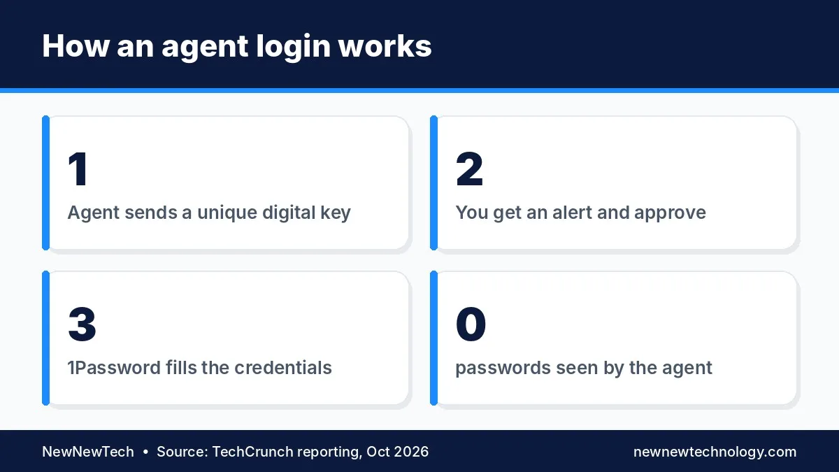 Three-step 1Password for Agents login flow: agent key verification, user approval, credential autofill