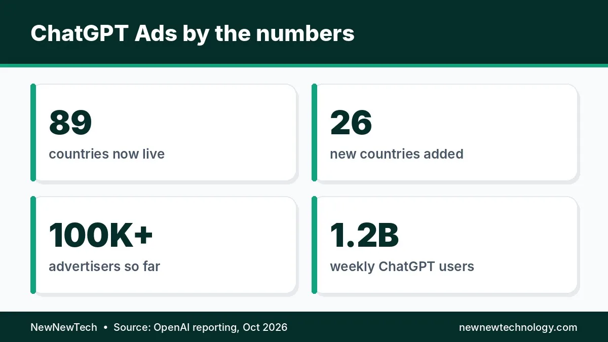 ChatGPT Ads key numbers: 89 countries, 26 new markets, over 100,000 advertisers and 1.2 billion weekly users