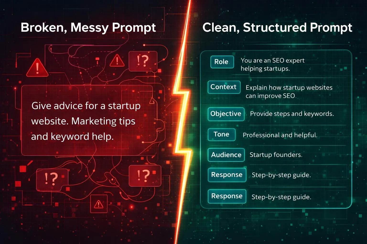 Comparison of a vague cybersecurity writing prompt and a detailed prompt with audience and content requirements.