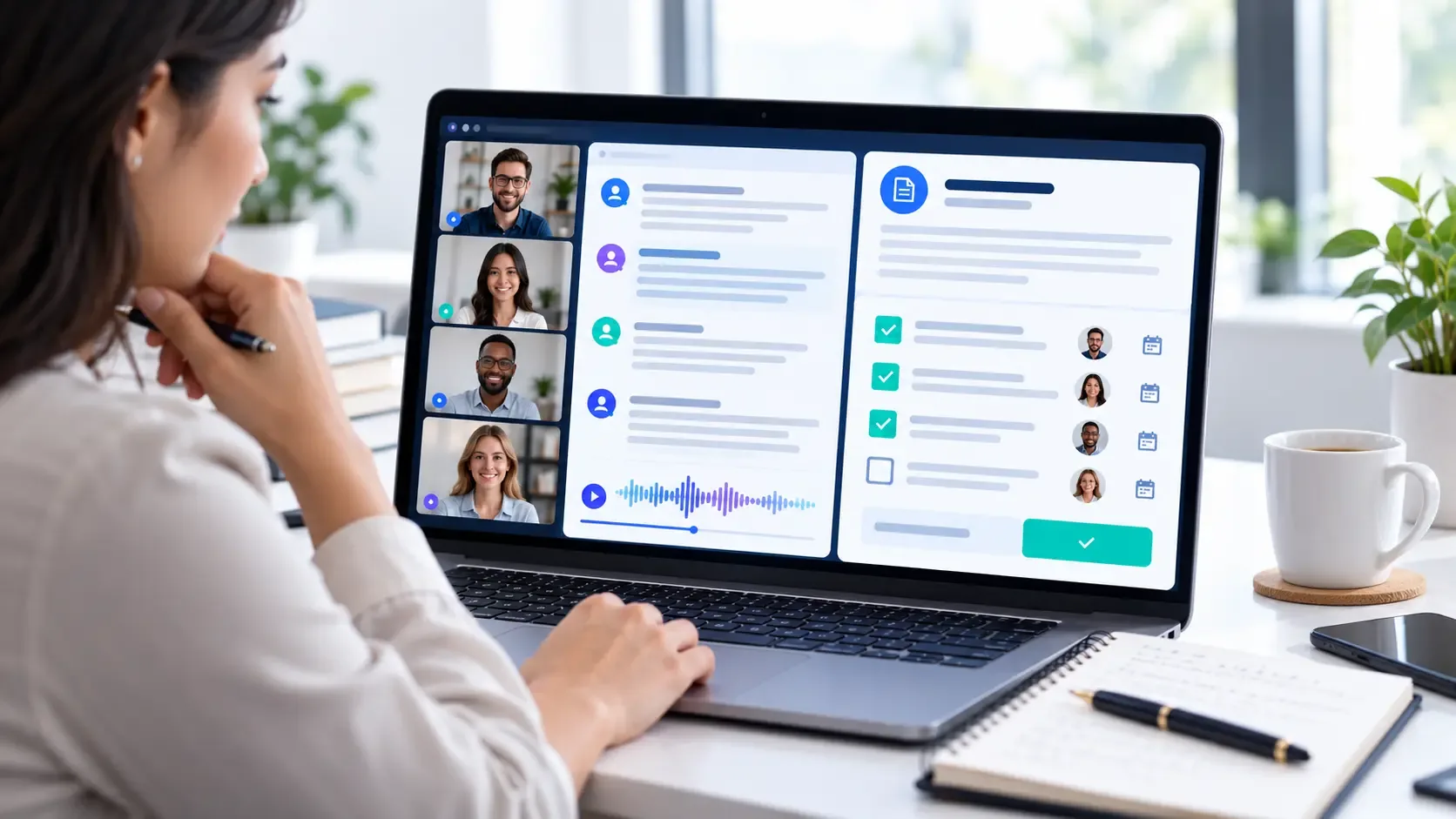 Professional checking an AI meeting summary and action-item checklist against a transcript.