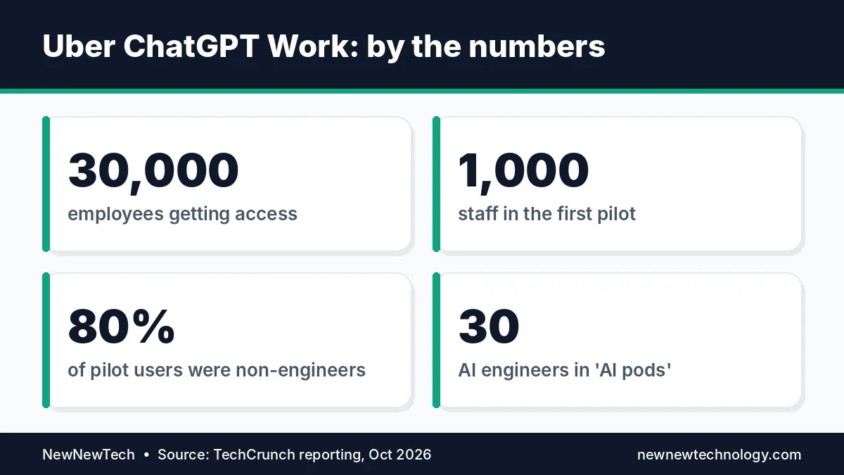 Infographic of the Uber ChatGPT Work pilot: 1,000 users, 80% non-engineers, 30 AI engineers in AI pods